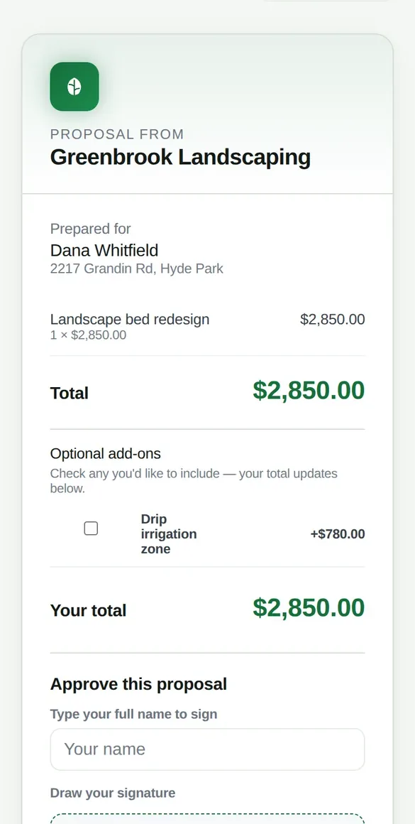 A customer proposal on a phone with an optional add-on and a place to sign.
